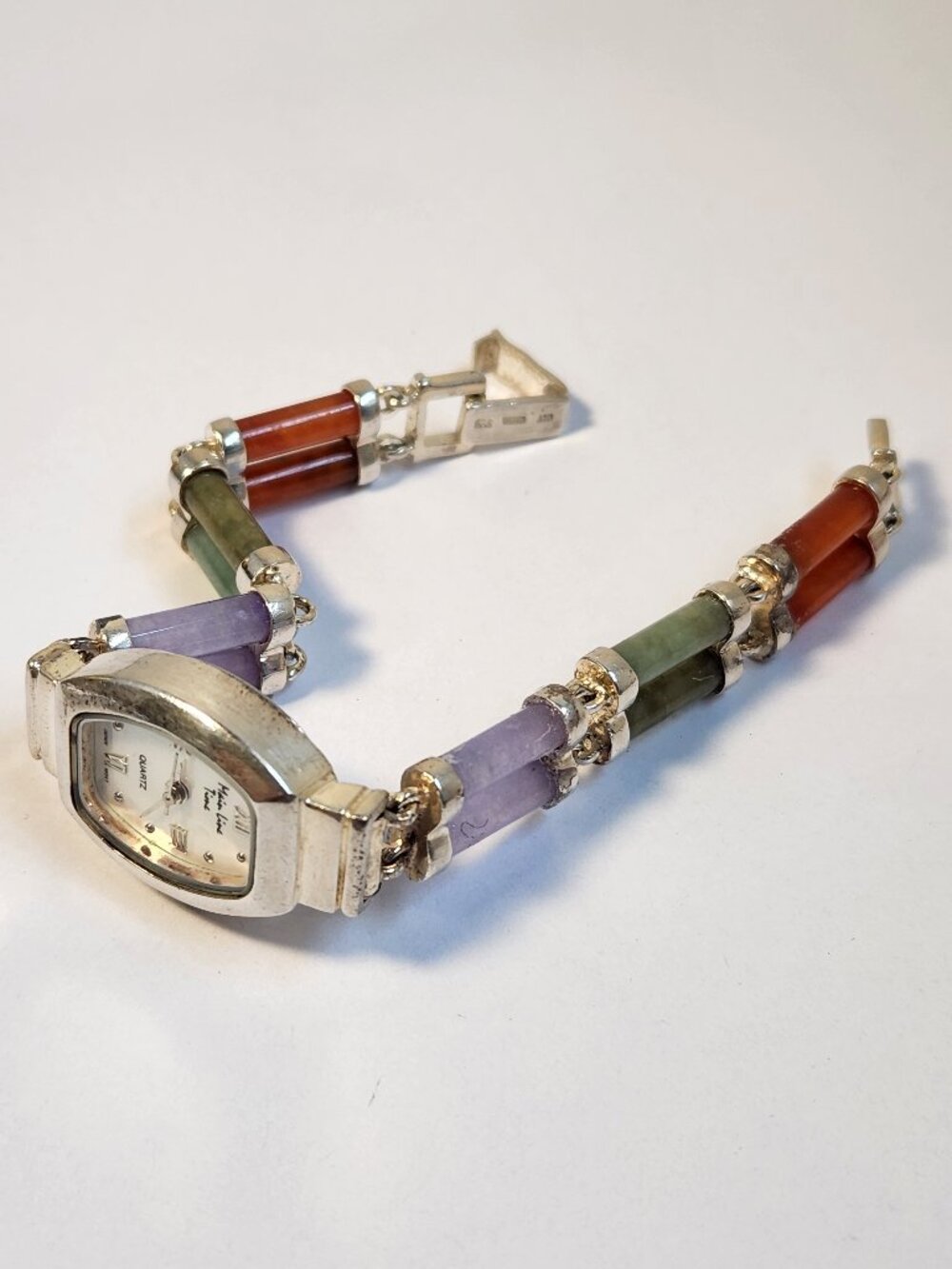 Vintage 1990s Natural Jade Amethyst Mother of Pearl 925 Silver Watch Bracelet